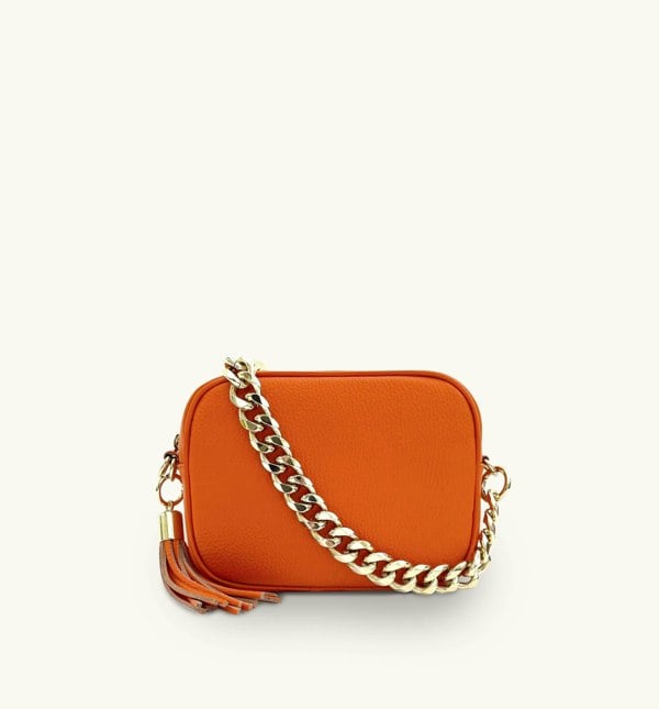 Apatchy Orange Leather Crossbody Bag With Gold Chain Strap