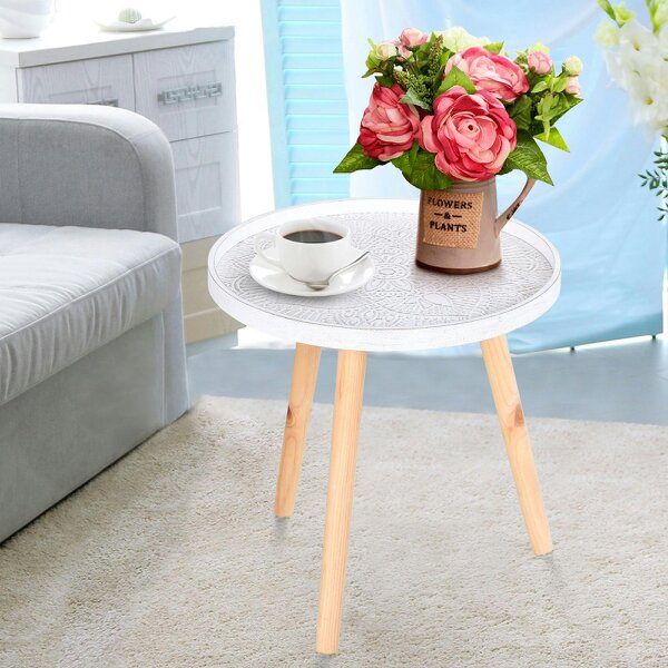 Wyld Haus Nona Wood White Round Coffee Table With Carved Floral Tray Top