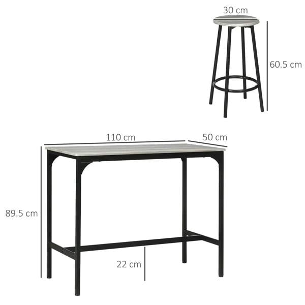 Bar table set layout diagram showing table and four stool dimensions in cm