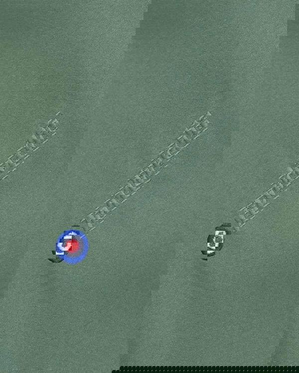 Lambretta Mens ShowerProof Classic Harrington MOD Scooter Jacket Coat, close-up of the olive green waterproof fabric with embroidered Lambretta logo and MOD roundel emblem.