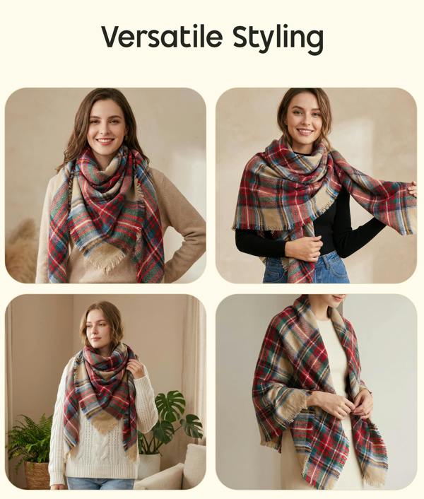VIA MONTEN Women’s Vintage Plaid Scarf, Oversized Winter Scarf Wrap with Fringe, Soft Large Shawl for Cold Weather Styling