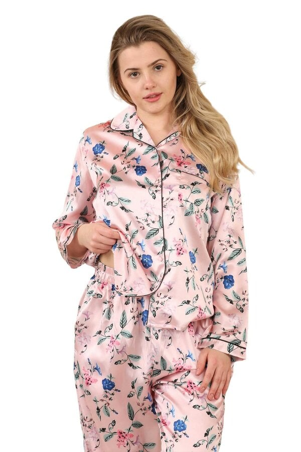 Luxury Satin Floral Pyjama Set – Long Sleeve, Button-Up & Pockets - Baby Pink