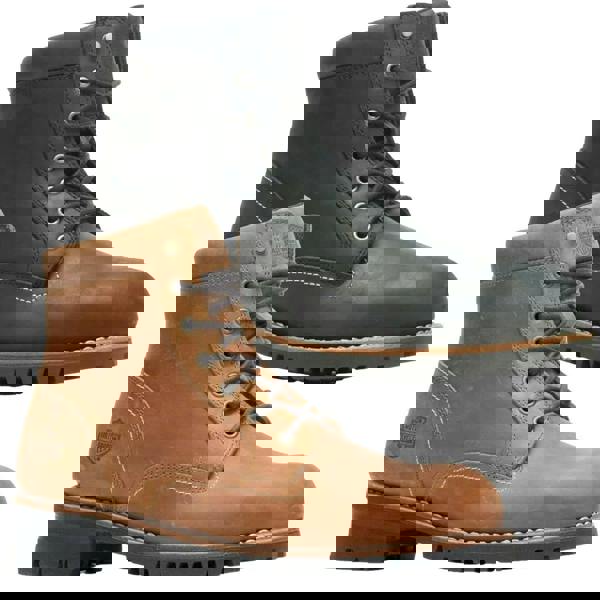 Harley-Davidson Bentler 6" CE Mens Zip Up Riding Biker Ankle Boots, pair of black and tan rugged leather motorcycle boots with lace-up closure and durable rubber soles.