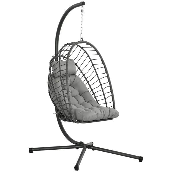 Hanging egg swing chair with dark rattan-style frame and light grey padded cushion