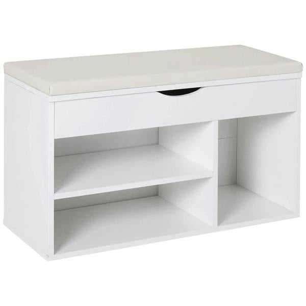 White shoe cabinet bench with hidden storage and light beige padded seat