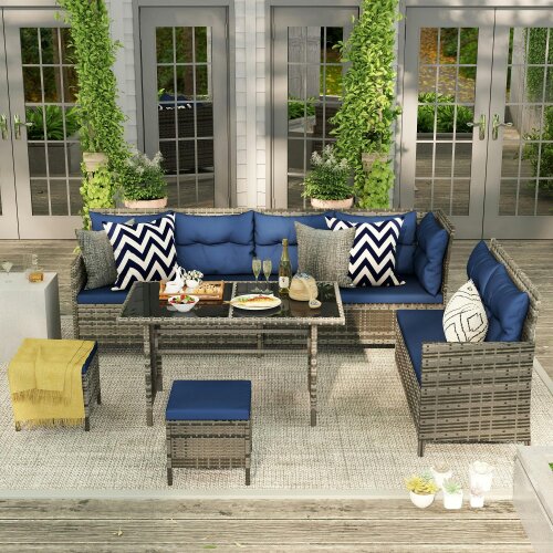 Wyld Haus Rarapa Rattan Dark Blue 7 Seater Garden Sofa Set With Glass Table And Cushions