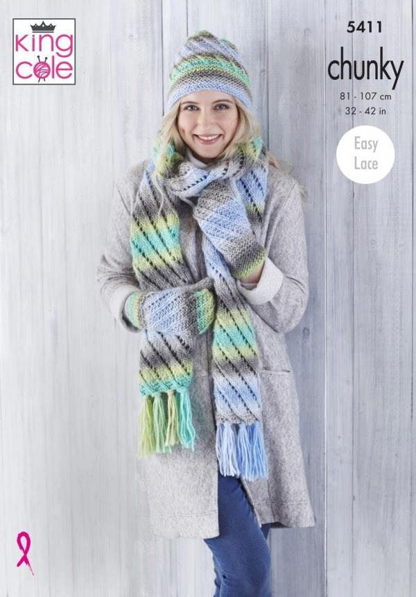 King Cole Riot Chunky Knitting Pattern 5411, Sweaters, Headwear, Scarves, Gloves for Women, 32 - 42 Inches
