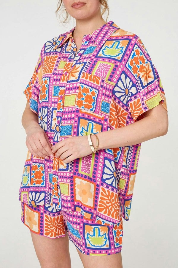 Pink | Patchwork Print Short Sleeve Shirt

