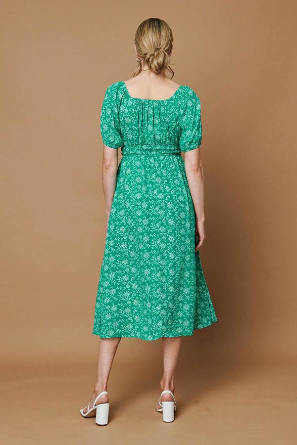 Green | Printed 1/2 Sleeve Smocked Midi Dress