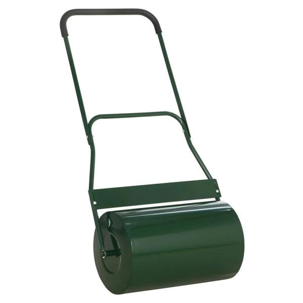 Green metal lawn roller with arched U handle and wide rolling drum