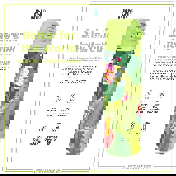 A stainless steel water bottle, featuring a whimsical insect design, sits against a white background. The bottle is described as carbon neutral, fully recyclable, odour resistant, and dishwasher safe.