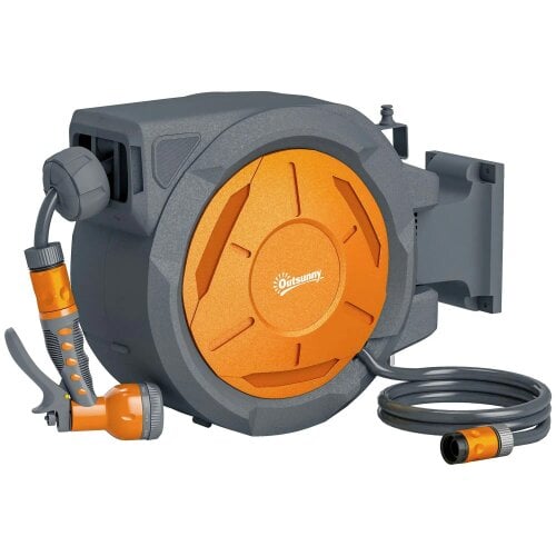 Bobobiy Retractable Hose Reel Wall Mounted, 30+2m Garden Hose Pipe Reel with Lock, 7 in 1 Spray Nozzle, 180° Swivel, 59 x 23 x 42 cm, Orange