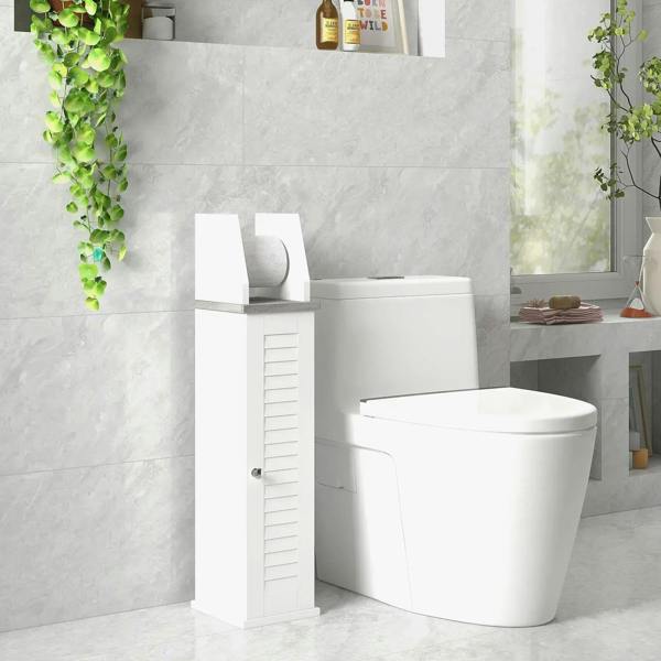 White slim floor toilet cabinet with roll holder and slatted storage shelf, compact unit
