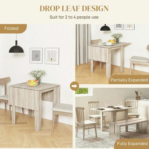Drop leaf dining table design showing folded, partially expanded, and fully expanded use