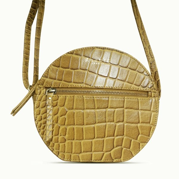 Assots London 'Jane' Mustard Croc Leather Round Designer Crossbody Bag