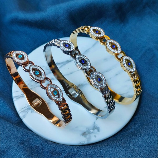 The Colourful Aura 18ct Rose Gold Plated Evil Eye Round Brass Gold Zircon Armlet Bangle Bracelet