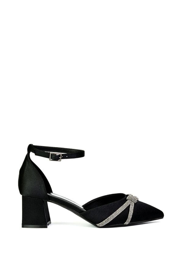 XY LONDON Ankle Strap Pointed Toe Diamante Mid Block Heels - Black