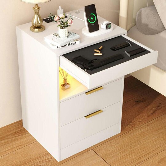 Havendro LED Bedside Table with Hidden Drawer Bedside Cabinet w/ Charging Station