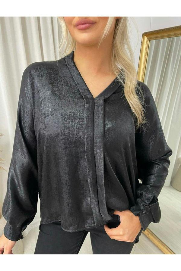 Teresa Metallic V-neck Oversized Top - Black