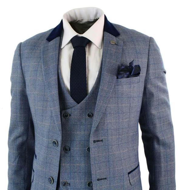 Marc Darcy Mens 3 Piece Blue Grey Herringbone Check Suit