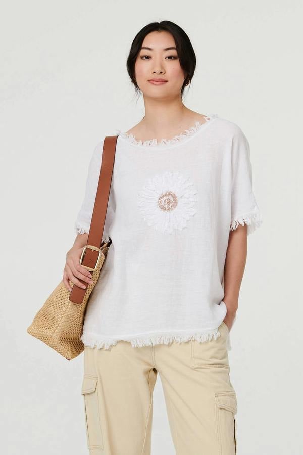 White | Frayed Edge Floral Embellished Top