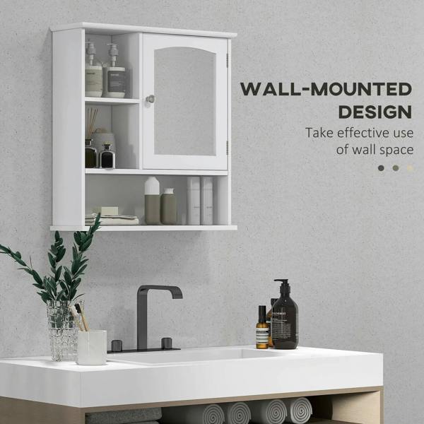 White wall-mounted bathroom cabinet with mirrored door and side storage shelves