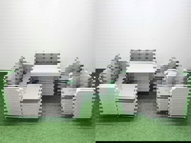 Fimous Light Grey PE Rattan High Back Lounge Set - Adjustable Lifting Dining/Coffee Table, 3-Seater Sofa, Reclining Chair & 3 Stools