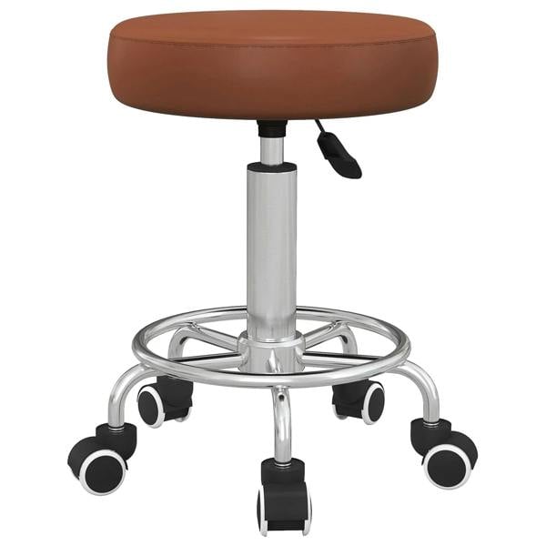 Brown PU leather rolling stool with round padded seat, adjustable height, caster wheels
