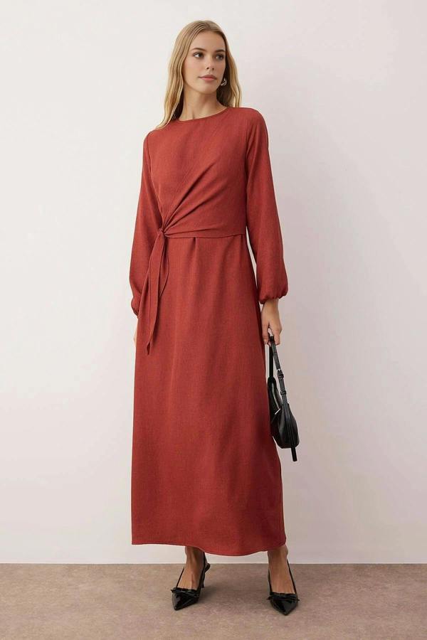 WOVCOR Tie Waist Long Sleeve Maxi Dress
