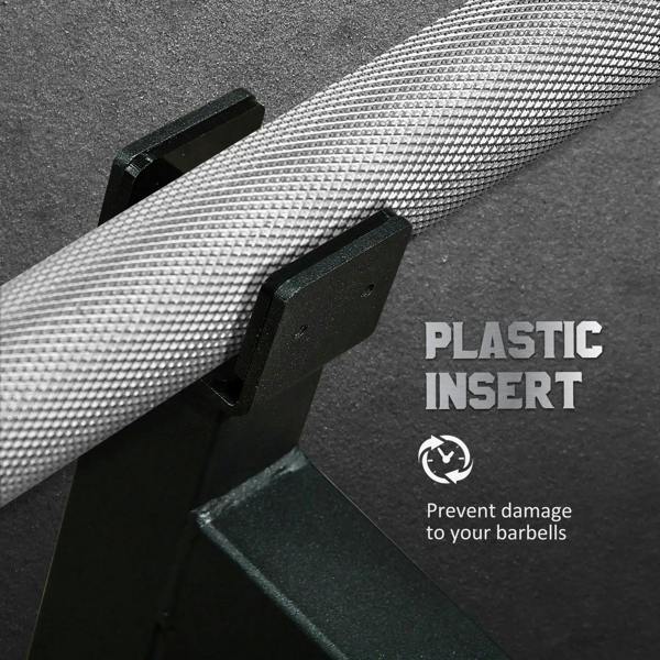 Black deadlift barbell jack showing plastic insert near the bar contact point