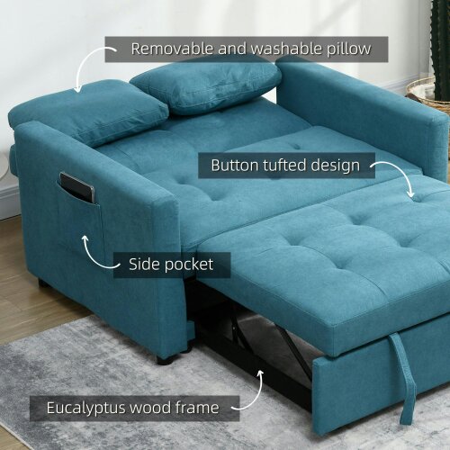 Wyld Haus Codoha Kapa Fabric Blue 2 Seater Sofa Bed With Side Pockets And Cushions
