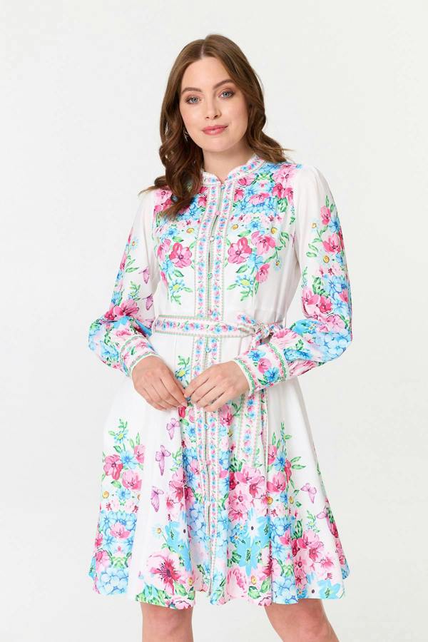 White | Floral Long Sleeve Tie Waist Short Dress