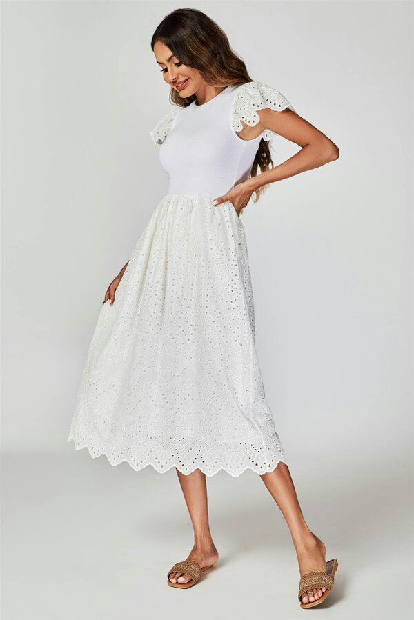 FS Collection Jersey Broderie Midi Dress In White