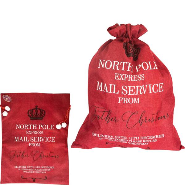 6cm Red Hessian Christmas Sack with North Pole Express Mail Print image 1