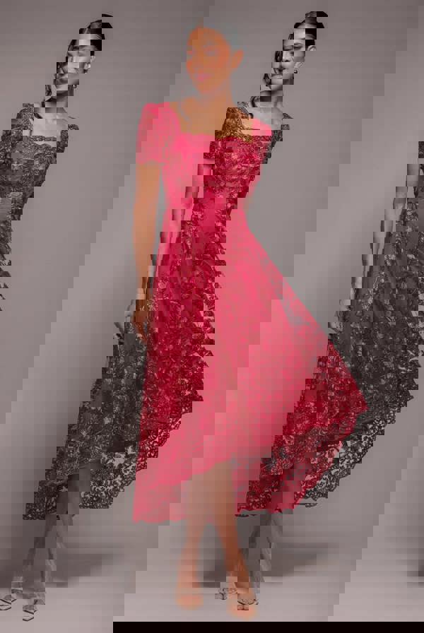 Scalloped Neck Embroidered Lace High Low Midi Dress - Magenta DR4265