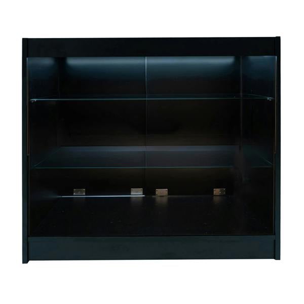 Black Aries LED shop counter set featuring sleek glass shelves, modern design, and integrated LED lighting for enhanced display