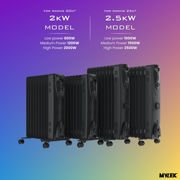 MYLEK Oil Filled Radiator 2500W Portable Heater Thermostat 3 Heat Settings Grey