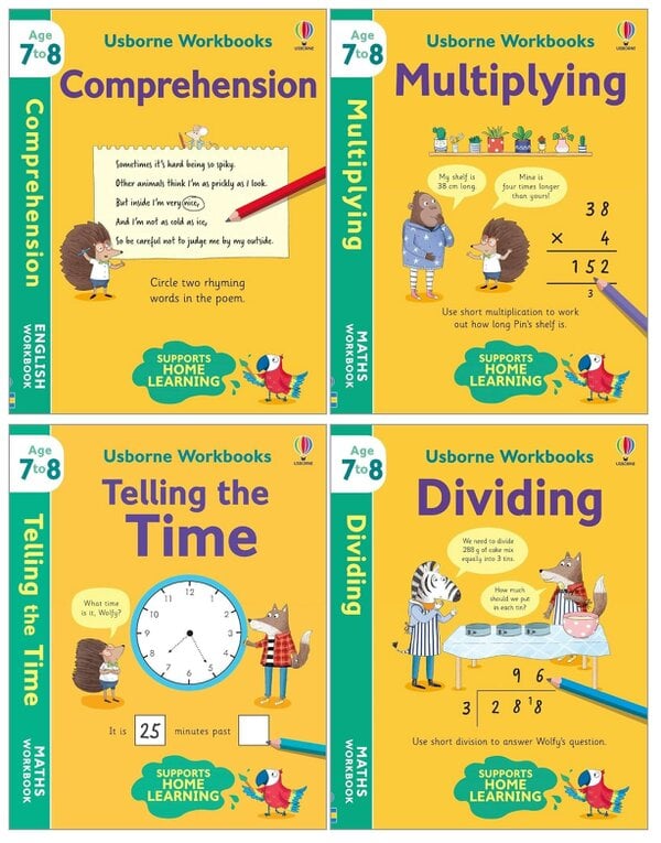 Usborne Workbooks 4 Books Collection Set Ages 7-8 (Multiplying, Dividing, Telling the Time, Comprehension)