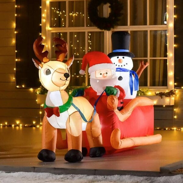 Bobobiy 6.5ft Christmas Inflatable Santa Claus on Sleigh Deer, LED Lighted for Home Indoor Outdoor Garden Lawn Decoration Party Prop - Red, Yellow