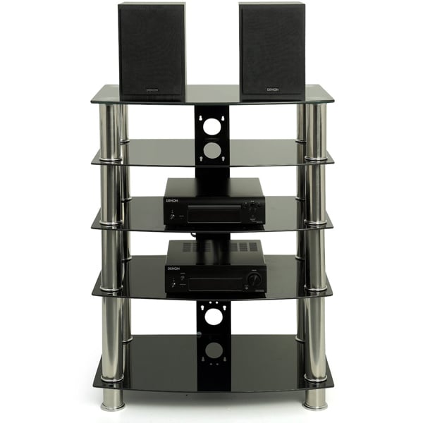Homeology Galago 5-Shelf Premium Black Glass with Silver Legs AV Rack