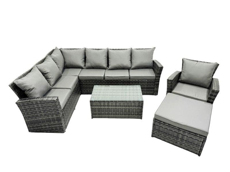Fimous 8 Seater High Back Rattan Garden Furniture Set Corner Sofa With Oblong Coffee Table Big Footstool