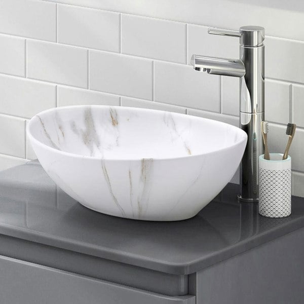 41.5cm W x 13.5cm D White Oval Marble Vessel Bathroom Sink Bathroom Sinks Living and Home