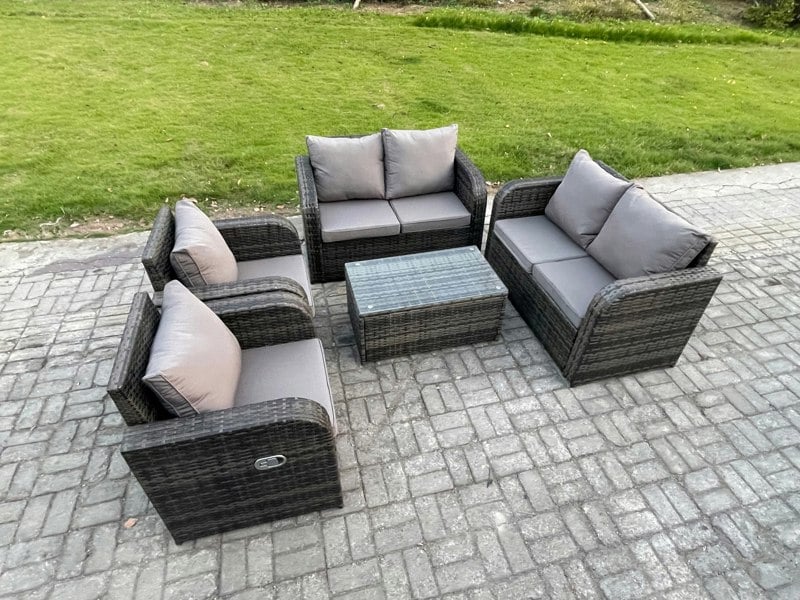 Fimous Rattan Garden Furniture Set Patio Outdoor Lounge Sofa Set with 2 Reclining Chairs Rectangular Coffee Table Dark Grey Mixed