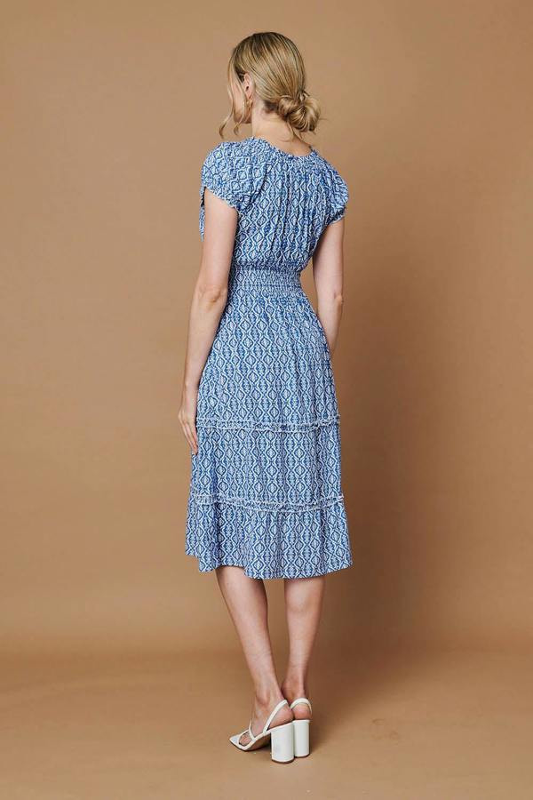Blue | Printed Shirred Tiered Midi Dress