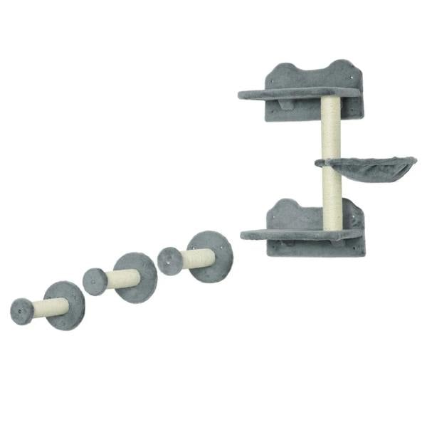 Grey wall-mounted cat tree set with circular scratching discs and platforms on posts