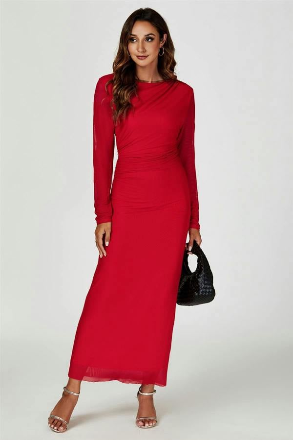 FS Collection Long Sleeves Mesh Midi Dress In Red