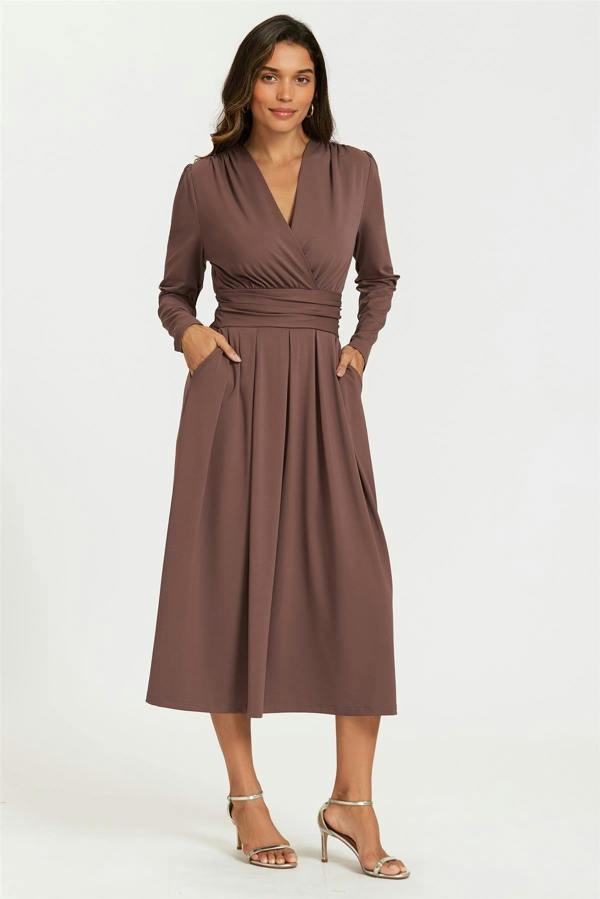 FS Collection Jersey Long Sleeve Midi Dress In Brown