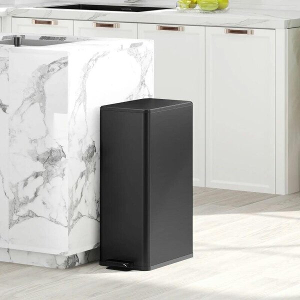 20L Kitchen Pedal Bin, Slim Stainless Steel Rubbish Bin with Removable Inner Bucket, Soft-Close and Stay-Open Lid, Black - Black