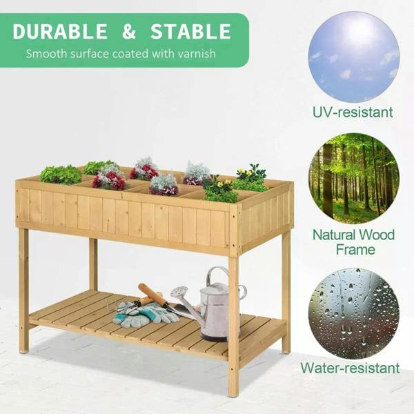 Raised wooden 8-compartment planter stand with slatted shelf and watering can, oak tone
