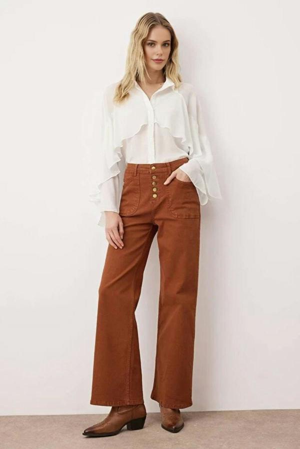 WOVCOR Button Detailed High Waist Wide Leg Comfort Jeans
